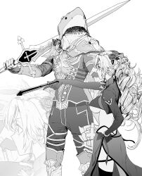Rule 34 | 1boy, 1girl, armor, balmung (fate), belt, bikini, boots, bracelet, breasts, chest tattoo, commentary, cuisses, drill hair, fate/grand order, fate (series), flower, folded fan, folding fan, gauntlets, hair flower, hair ornament, hand fan, hand on own hip, highleg, highleg bikini, highres, holding, holding fan, holding sword, holding weapon, husband and wife, jewelry, kriemhild (fate), kriemhild (swimsuit) (fate), long sleeves, mask, mole, mole under eye, monochrome, outstretched arm, over shoulder, pants, pauldrons, rose, sarong, shark mask, shirt, shoulder armor, shrug (clothing), siegfried (fate), simple background, standing, swimsuit, sword, sword over shoulder, syatey, tattoo, thigh boots, thigh strap, twin drills, underboob, weapon, weapon over shoulder, white background