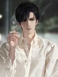 1boy between_fingers black_hair blurry blurry_background cigarette closed_mouth collared_shirt dao_mu_bi_ji depth_of_field eyelashes fingernails grey_eyes hair_over_one_eye holding holding_cigarette indoors light_particles lips long_sleeves looking_at_viewer male_focus night nostrils pink_lips realistic sample_watermark shirt short_hair sleeve_cuffs smoke smoking solo swept_bangs thick_eyebrows thick_lips upper_body watermark white_shirt window ye_dian_pikaqiu zhang_qiling