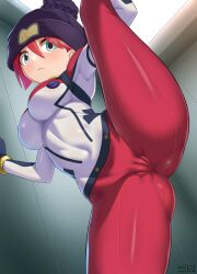 1girl amate_yuzuriha beanie black_gloves black_hat blush breasts cameltoe closed_mouth covered_navel gloves gluteal_fold green_eyes gundam gundam_gquuuuuux guriguri_(arayotto4351) hat highres large_breasts leg_lift leg_up long_sleeves looking_at_viewer pants red_hair red_pants red_shirt shirt short_hair solo split standing standing_on_one_leg standing_split thighs tight_clothes tight_pants two-tone_shirt white_shirt yoga_pants