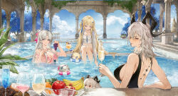 3girls ahoge alternate_costume aqua_eyes bare_shoulders black_horns blonde_hair blue_sky breasts carlotta_(wuthering_waves) cleavage closed_mouth collarbone commentary cube cup curled_horns day drinking_glass earrings food fruit grapes grey_hair hair_ornament highres holding holding_cup holding_food holding_fruit horns jewelry large_breasts long_hair looking_at_viewer median_furrow midriff multiple_girls navel objectification parted_bangs parted_lips phoebe_(wuthering_waves) pool red_eyes revision scar scar_on_back secretfj520 sitting sky smile soaking_feet swim_ring tacet_mark_(wuthering_waves) very_long_hair wet wuthering_waves x_hair_ornament zani_(wuthering_waves)