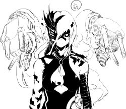 Rule 34 | 1girl, abyssal ship, arms at sides, ascot, asymmetrical bangs, asymmetrical hair, black sclera, breasts, closed mouth, clothing cutout, colored sclera, concept art, dress, expressionless, gegesan, greyscale, half mask, highres, kantai collection, looking at viewer, mask, mask over one eye, mechabare, medium breasts, medium hair, monochrome, ne-class heavy cruiser, one eye covered, rigging, ship turret, simple background, sketch, solo, teeth, torpedo, underboob cutout