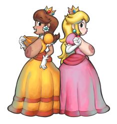 Rule 34 | 2girls, blonde hair, breasts, breasts out, brown hair, crown, dress, earrings, elbow gloves, flower earrings, from side, full body, gloves, highres, jewelry, large breasts, lewdmcgill, long dress, long hair, mario (series), multiple girls, nintendo, nipples, open mouth, orange dress, pink dress, pink lips, princess daisy, princess peach, puffy short sleeves, puffy sleeves, short sleeves, sidelocks, simple background, sphere earrings, tongue, tongue out, white background, white gloves