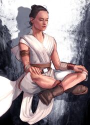 Rule 34 | 1girl, boots, brown boots, brown hair, closed eyes, crossed legs, meditation, rey (star wars), solo, star wars, uzuri art