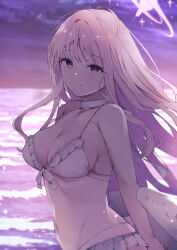 1girl absurdres bikini blue_archive breasts cleavage cloud evening halo highres hojiro_same long_hair looking_at_viewer medium_breasts mika_(blue_archive) mika_(swimsuit)_(blue_archive) ocean official_alternate_costume outdoors pink_eyes pink_hair pink_halo purple_sky sky smile solo swimsuit white_bikini