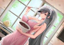 Rule 34 | 1girl, alternate costume, apron, azur lane, bowl, breasts, chocolate making, cleavage, collarbone, commentary, covered erect nipples, dunkerque (azur lane), dutch angle, english commentary, grey hair, highres, holding, holding bowl, holding whisk, indoors, large breasts, long hair, manjuu (azur lane), mixing bowl, naked apron, oven, parttimetoast, pink apron, red eyes, solo, very long hair, whisk, window