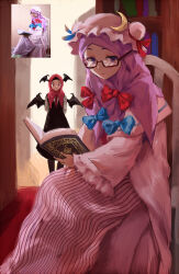 Rule 34 | 2girls, adapted costume, arms behind back, bat wings, black vest, blue bow, book, bookshelf, bow, chair, commentary, crescent, crescent hair ornament, crescent hat ornament, english commentary, expressionless, frilled sleeves, frills, hair ornament, hat, hat ornament, head wings, highres, hijab, hijab as hair, himuhino, holding, holding book, indoors, koakuma, long sleeves, looking at viewer, mob cap, multiple girls, muslim, necktie, patchouli knowledge, photo-referenced, photo inset, purple eyes, purple hijab, quran (object), red bow, red eyes, red hijab, red necktie, reference inset, semi-rimless eyewear, shirt, sitting, sketch, smile, standing, touhou, under-rim eyewear, vest, white shirt, wide sleeves, wings