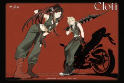 1boy 1girl absurdres black_hair cloud_strife cloud_strife_(zidane&#039;s_outfit) cosplay crop_top dreadlocks duoj_ji final_fantasy final_fantasy_ix final_fantasy_vii final_fantasy_vii_ever_crisis fingerless_gloves gloves highres leaning_forward motor_vehicle motorcycle multicolored_hair official_alternate_costume official_alternate_hairstyle over_shoulder red_background red_hair revision salamander_coral salamander_coral_(cosplay) sleeveless smile sword tifa_lockhart tifa_lockhart_(amarant&#039;s_guise) two-tone_hair weapon weapon_over_shoulder zidane_tribal zidane_tribal_(cosplay)