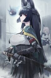 2girls animal_ear_fluff animal_ears black_hair black_necktie black_skirt blunt_bangs braid breasts collared_shirt cowboy_shot fox_ears highres hoshimi_miyabi katana large_breasts long_hair long_skirt looking_at_viewer multiple_girls necktie pink_hair pleated_skirt psidubs rain red_eyes see-through_clothes shirt skirt solo sword very_long_hair weapon wet wet_clothes white_shirt zenless_zone_zero