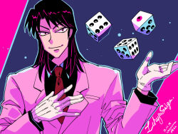 1boy artist_name black_hair black_shirt blue_outline character_name closed_mouth collared_shirt commentary_request dated dice formal_clothes gloves highres ichijou_seiya jacket kaiji limited_palette long_hair long_sleeves looking_at_viewer male_focus necktie outline pink_jacket red_necktie shirt smile solo suit unknown03162 upper_body white_gloves
