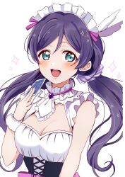 1girl :d blush breasts card cleavage green_eyes hair_ornament hair_scrunchie hand_up highres holding holding_card long_hair looking_to_the_side love_live! love_live!_school_idol_project low_twintails maid_headdress mogyutto_&quot;love&quot;_de_sekkin_chuu! open_mouth purple_hair purple_scrunchie scrunchie simple_background sleeveless smile solo teeth tojo_nozomi tukiwa_poyo twintails upper_body upper_teeth_only white_background white_headdress