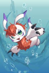 Rule 34 | air bubble, body fur, bubble, digimon, digimon (creature), fangs, full body, gomamon, gomamon x-antibody, green eyes, highres, megane mochi, no humans, red hair, seal (animal), solo, underwater, white fur