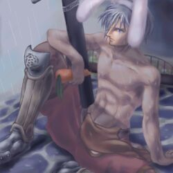 1boy 2000s_(style) abs animal_ears armored_boots badbullet boots brown_boots carrot closed_mouth expressionless fake_animal_ears foot_out_of_frame grey_hair looking_afar lowres male_focus rabbit_ears ragnarok_online scabbard sheath sheathed sitting solo sweat sword swordsman_(ragnarok_online) toned toned_male topless_male weapon