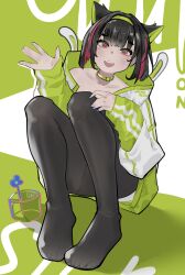 Rule 34 | 1girl, absurdres, animal ears, black pantyhose, collar, colored inner hair, feet, highres, hood, hooded jacket, hoodie, inno (innoamp), jacket, multicolored hair, open mouth, original, pantyhose, short hair, squatting