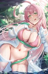 Rule 34 | 1girl, absurdres, ahoge, air bubble, bikini, blue archive, blurry, blush, bokeh, bottomless, braid, breasts, bright pupils, bubble, cleavage, cliff, closed mouth, collared shirt, commentary request, convenient censoring, crossed bangs, day, depth of field, dress shirt, eyelashes, green eyes, hair between eyes, halo, hanako (blue archive), hanako (swimsuit) (blue archive), hand up, highres, holding, holding hose, hose, huge ahoge, large breasts, licking lips, linea alba, long bangs, long hair, long sleeves, looking at viewer, naughty face, navel, open clothes, open shirt, outdoors, pink bikini, pink hair, pink halo, shirt, side braid, sidelocks, skindentation, smile, solo, standing, stomach, sunlight, swimsuit, thighs, tongue, tongue out, tree, unbuttoned, unbuttoned shirt, very long hair, wading, water, water drop, wet, wet clothes, wet shirt, white pupils, white shirt, yami anko