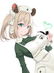 1girl :d absurdres animal_ears apron breasts brown_hair commentary double-parted_bangs dress english_commentary green_dress green_eyes grin hair_between_eyes hat hidoryy highres holding holding_smoking_pipe indie_virtual_youtuber large_breasts long_sleeves looking_at_viewer name_tag nimi_nightmare nurse_cap one_side_up open_mouth round_collar short_hair simple_background smile smoking_pipe solo tapir_ears tapir_girl virtual_youtuber white_apron white_background