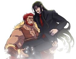 2boys bara beard black_hair black_shirt black_suit cape carrying carrying_person commentary_request facial_hair fate/zero fate_(series) formal_clothes fur-trimmed_cape fur_trim glasses grin iskandar_(fate) jaeun90_(lju90) korean_commentary looking_at_another lord_el-melloi_ii_case_files male_focus multiple_boys muscular muscular_male necktie open_mouth pectoral_cleavage pectorals red_hair red_necktie shirt signature smile suit surprised sweatdrop waver_velvet white_background