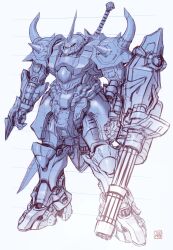 Rule 34 | absurdres, cable, commentary request, gatling gun, gouf, gouf custom, gundam, gundam 08th ms team, highres, hose, machinery, maeda hiroyuki, mecha, mecha focus, mobile suit, no humans, one-eyed, original, redesign, robot, science fiction, shoulder spikes, signature, sketch, spikes, sword, tube, unfinished, weapon, white background, zeon