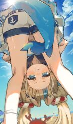 1girl :3 animal_ears bent_over blonde_hair blue_eyes blue_hair cat_ears closed_mouth day fins fish_tail frontbend highres indie_virtual_youtuber light_smile long_hair looking_at_viewer multicolored_hair nemunag sameko_saba shark_tail short_shorts shorts sky solo standing tail twintails two-tone_hair virtual_youtuber white_shorts
