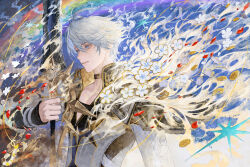 1boy antenna_hair armor black_choker black_shirt blue_cape blue_eyes calendulamew cape chinese_commentary choker coat coin commentary_request crystal flower highres holding holding_sword holding_weapon honkai:_star_rail honkai_(series) looking_to_the_side male_focus parted_bangs parted_lips pauldrons phainon_(honkai:_star_rail) rainbow shirt short_hair shoulder_armor single_pauldron solo sword sword_in_front_of_face weapon white_coat white_hair