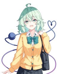 1girl absurdres ahoge alternate_costume bag bow bowtie cardigan collared_shirt commentary_request eyeball green_bow green_bowtie green_eyes green_hair heart heart_of_string highres komeiji_koishi long_hair long_sleeves looking_at_viewer no_headwear open_mouth pioartstuff school_bag school_uniform shirt shoulder_bag smile solo third_eye touhou transparent_background white_shirt yellow_cardigan