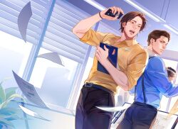 2boys belt black_belt black_pants blue_shirt brothers brown_hair brown_pants calendar_(object) cellphone clipboard coffee collared_shirt cup dean_winchester green_eyes highres holding holding_clipboard holding_cup holding_phone long_sleeves looking_at_another looking_back male_focus multiple_boys name_tag pants papers parted_lips phone pocket sam_winchester shirt short_hair siblings sleeves_rolled_up smartphone supernatural_(tv_series) suspenders tobu_(bilibil) window_blinds yellow_shirt