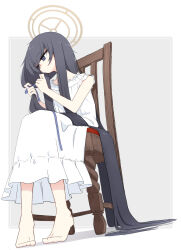 Rule 34 | 1girl, bags under eyes, bare arms, barefoot, black hair, blue archive, blue eyes, blue ribbon, border, chair, closed mouth, commentary request, dress, frilled dress, frills, grey background, hair ribbon, halo, hands up, highres, long hair, on chair, ribbon, shadow, sitting, sleeveless, sleeveless dress, solo, tying hair, ui (blue archive), usui harusame, very long hair, white border, white dress