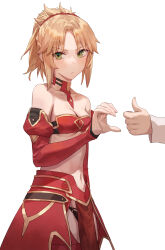1boy 1girl :/ bandeau black_panties blonde_hair blush breasts cleavage closed_mouth commentary detached_sleeves fate/apocrypha fate/grand_order fate_(series) fujimaru_ritsuka_(male) green_eyes hair_ornament hair_scrunchie heart_hands_failure highres looking_to_the_side medium_hair mordred_(fate) mordred_(fate/apocrypha) navel panties parted_bangs pelvic_curtain ponytail red_scrunchie red_sleeves scrunchie small_breasts symbol-only_commentary tesin_(7aehyun) thumbs_up underwear white_background