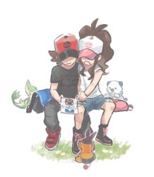 1boy 1girl boots brown_hair closed_mouth commentary gen_5_pokemon handheld_game_console hat hilbert_(pokemon) hilda_(pokemon) holding holding_handheld_game_console holding_stylus long_hair nintendo nintendo_ds oshawott pants pokemon pokemon_(creature) pokemon_bw red_hat red_shoes shirt shoes short_sleeves shorts sidelocks sitting smile snivy starter_pokemon_trio stylus symbol-only_commentary t-shirt tepig tftf649e watermark white_hat white_shirt