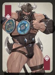 1boy axe bad_tag bara bare_shoulders battle_axe beard brown_hair bulge clenched_hand eyebrow_cut facial_hair fake_horns feet_out_of_frame hands_up helmet highres horned_helmet horns leotard long_beard long_hair long_mustache looking_at_viewer male_focus mature_male muscular muscular_male mustache old old_man original pectorals scar scar_across_eye scar_on_face sidepec solo standing strapless strapless_leotard thick_eyebrows thick_mustache thick_thighs thigh_strap thighs tooboshoo weapon weapon_on_back
