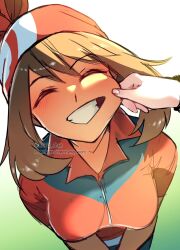 1girl ariekochan bandana bike_shorts blush breasts brown_hair cheek_pull closed_eyes highres looking_at_viewer may_(pokemon) nintendo open_mouth pokemon pokemon_rse red_bandana red_shirt shirt short_hair shorts smile