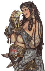 1girl :d absurdres armor bandaged_arm bandages black_hair body_freckles braid braided_hair_rings braided_sidelock breasts brown_eyes choker earrings freckles giant giantess gnoblar hair_rings highres jewelry large_areolae large_breasts long_hair mole mole_on_breast mossacannibalis nipples ogre_(warhammer_fantasy) open_mouth sharp_teeth simple_background smile teeth very_long_hair warhammer_fantasy white_background