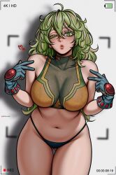 1girl bare_shoulders black_panties black_shirt blue_gloves boku_no_hero_academia breasts cowboy_shot cropped_shirt gloves green_eyes green_hair grey_background hagakure_toru highres large_breasts medium_hair multicolored_hair one_eye_closed panties pink_hair prixmal puckered_lips recording shadow shirt simple_background solo streaked_hair two-tone_hair underwear