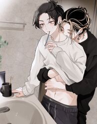 2boys bangs_pinned_back bathroom black_hair black_pants black_shirt blonde_hair blush closed_eyes closed_mouth clothes_lift commentary_request cowboy_shot cup drawstring earrings faucet forehead grey_eyes grey_pants hair_bun hand_up hanemiya_kazutora highres hug hug_from_behind indoors jewelry lifting_another&#039;s_clothes long_sleeves male_focus matsuno_chifuyu medium_hair mouth_hold mug multicolored_hair multiple_boys navel neconecowc pants parted_bangs plant shirt shirt_lift short_hair sidelocks single_hair_bun sink sleepy standing stomach streaked_hair sweatdrop tokyo_revengers toothbrush toothbrush_in_mouth two-tone_hair undercut white_shirt