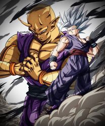 2boys anger_vein colored_skin dragon_ball dragon_ball_super dragon_ball_super_super_hero fighting_stance gohan_beast multiple_boys muscular muscular_male orange_piccolo orange_skin piccolo red_eyes serious son_gohan white_hair