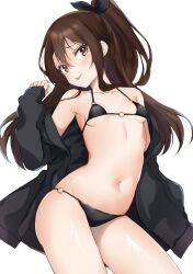 1girl bikini black_bikini black_jacket breasts brown_eyes brown_hair commentary_request cowboy_shot high_ponytail highres jacket kantai_collection long_hair navel o-ring o-ring_bikini o-ring_bottom o-ring_top open_clothes open_jacket ponytail small_breasts solo swimsuit tongue tongue_out zarashi zuihou_(kancolle)