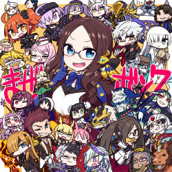 6+boys 6+girls :&lt; :d =_= ^^^ ahoge akuta_hinako anastasia_(fate) armor atalanta_(fate) atalanta_alter_(fate) avicebron_(fate) bird black_hair black_scrunchie blonde_hair blue_eyes blue_gloves blue_hair blue_neckwear blunt_bangs blush book brown_hair brynhild_(fate) captain_(fate/grand_order) captain_nemo_(fate) captain_nemo_(first_ascension)_(fate) chan_co chen_gong_(fate) chibi closed_eyes commentary_request cu_chulainn_(caster)_(fate) cu_chulainn_(fate) cu_chulainn_(fate/stay_night) everyone fate/grand_order fate_(series) fujimaru_ritsuka_(female) fujimaru_ritsuka_(female)_(polar_chaldea_uniform) gerda_(fate) gilgamesh gilgamesh_(caster)_(fate) gilgamesh_(fate) glasses gloves goredolf_musik green_eyes grin hair_ornament hair_over_one_eye hair_scrunchie han_xin_(fate) headband heart hildr_(fate) holding holding_book index_finger_raised ivan_the_terrible_(fate) jingle_abel_meuniere kadoc_zemlupus kotomine_kirei koyanskaya_(fate) koyanskaya_(foreigner)_(first_ascension)_(fate) leonardo_da_vinci_(fate) leonardo_da_vinci_(fate/grand_order) leonardo_da_vinci_(rider)_(fate) long_hair long_sideburns looking_at_viewer mash_kyrielight mash_kyrielight_(ortenaus) mask multiple_boys multiple_girls napoleon_bonaparte_(fate) necktie nemo_(fate) one_eye_closed one_side_up open_mouth ophelia_phamrsolone ortlinde_(fate) parted_bangs patxi_(fate) pink_eyes pink_hair prince_of_lan_ling_(fate) purple_hair qin_liangyu_(fate) grigori_rasputin_(fate) rectangular_mouth red_eyes red_hare_(fate) round_eyewear scathach_(fate) scathach_skadi_(fate) scrunchie sherlock_holmes_(fate) shi_huang_di_(fate) sideburns sigurd_(fate) sion_eltnam_(type-moon) sion_eltnam_atlasia sion_eltnam_sokaris sitonai_(fate) smile sweatdrop thrud_(fate) twintails valkyrie_(fate) xiang_yu_(fate) yellow_eyes yu_mei-ren_(fate) |_|