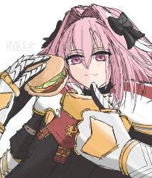 Rule 34 | 1boy, absurdres, artist name, astolfo (fate), back bow, bow, burger, eyelashes, fate/apocrypha, fate (series), food, gauntlets, gorget, hair bow, hair intakes, highres, hvkart, male focus, medium hair, pink hair, purple eyes, shoulder pads, simple background, solo, thumbs up, upper body, white background