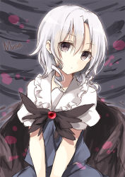Rule 34 | 1girl, cape, dress, female focus, grey eyes, muse (seihou), ribbon, seihou, short hair, short sleeves, silver hair, solo, toosaka asagi