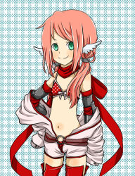 Rule 34 | 1girl, bikini, bikini under clothes, blush, closed mouth, commentary request, cowboy shot, elbow gloves, feathers, flat chest, gingham background, gloves, green eyes, hair over shoulder, head wings, jumpsuit, jumpsuit around waist, long hair, looking at viewer, low twintails, mechanic (ragnarok online), meiko (nattu303), navel, pink hair, polka dot, polka dot background, ragnarok online, red bikini, red gloves, red thighhighs, sleeves past fingers, sleeves past wrists, smile, solo, swimsuit, thighhighs, twintails, white jumpsuit, white wings, wings