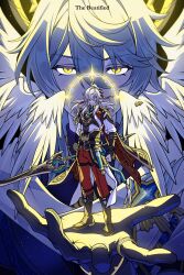 Rule 34 | 2boys, black boots, boots, closed mouth, full body, glowing, glowing halo, gold halo, grey hair, hair between eyes, hair over one eye, half-closed eyes, halo, halo behind head, head wings, highres, holding, holding weapon, honkai: star rail, honkai (series), jing yuan, long hair, looking at viewer, male focus, medium hair, mole, mole under eye, multiple boys, one eye covered, pants, ponytail, red pants, smile, sos13825406402, standing, sunday (honkai: star rail), weapon, white wings, wings, yellow eyes