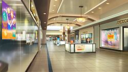 ceiling_light display english_text highres indoors kiosk lamp mall mannequin no_humans non-web_source official_art open_clothes our_life:_beginnings_and_always poster_(object) reflective_floor scenery sign tile_floor tiles variant_set