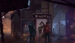 Rule 34 | 4boys, alley, building, cable, cloud, dark, looking at another, multiple boys, night, original, painting (medium), path, road, sliding, slow d, street, tile floor, tiles, traditional media