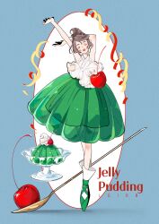 1girl absurdres arms_up ballet_slippers blue_background blush brown_hair cherry closed_eyes commentary_request en_pointe eyeshadow food fruit full_body green_shoes green_skirt highres korean_commentary leirbs2s2 makeup original pudding shoes sidelocks skirt solo