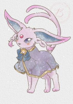 Rule 34 | animal focus, baya (sakura mint), blue eyes, cloak, clothed pokemon, espeon, forehead jewel, forked tail, full body, gem, gen 2 pokemon, highres, nintendo, no humans, pokemon, pokemon (creature), pokemon focus, purple eyes, purple fur, red gemstone, simple background, tail