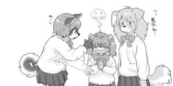 3girls blank_eyes blush body_fur cowboy_shot dog_girl furry furry_female giving_up_the_ghost greyscale kikurage_(crayon_arts) long_hair looking_at_another monochrome multiple_girls original school_uniform short_hair simple_background skirt standing sweater tail translation_request twintails waving_arms white_background