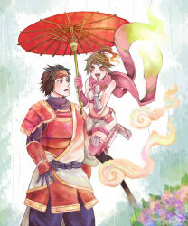 armor brown_hair crop_top flower headband japanese_clothes jumping kunoichi_(sengoku_musou) parasol rain sanada_yukimura_(sengoku_musou) scarf sengoku_musou shorts side_ponytail thighhighs umbrella