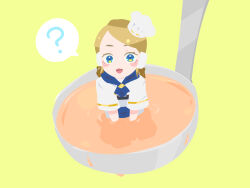 1girl ? blue_eyes blue_neckerchief brown_hair character_request chef_hat commentary_request food hara_id_21 hat highres ladle looking_at_viewer neckerchief no_lineart open_mouth shirt short_hair simple_background smile solo soup spoken_question_mark station_memories swept_bangs upper_body white_shirt yellow_background