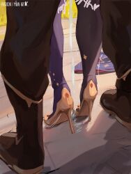 1boy 1girl asymmetrical_legwear black_pants cum cumdrip genshin_impact hat hetero high_heels implied_ejaculation implied_sex lower_body mirai_hikari mismatched_legwear mona_(genshin_impact) pants pantyhose trembling unworn_hat unworn_headwear witch_hat