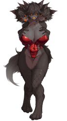 1girl absurdres ahoge animal_ear_fluff animal_ears black_hair black_skin body_fur breasts cerberus claws colored_sclera colored_skin covered_navel digitigrade fang fishnet_thighhighs fishnets full_body furry furry_female hands_on_own_chest highres huge_breasts leotard looking_at_viewer multiple_heads nangmanheeyou orange_eyes original red_sclera short_hair solo strapless strapless_leotard tail thighhighs white_background