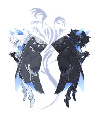 2boys anklet barefoot black_anklet black_bodysuit black_gloves black_hair black_skin black_trim blue_eyes blue_horns blue_jacket blue_skin body_markings bodysuit colored_skin demon_boy demon_horns dual_persona full_body gloves hair_between_eyes hand_in_pocket hand_up hood hood_down hooded_jacket horns in_air inu_fuji jacket jewelry long_sleeves looking_away_from_partner looking_down male_focus midair monster_boy multiple_boys original oversized_clothes oversized_jacket partially_fingerless_gloves pythagoras_(inu_fuji) shadow shadow_hands short_hair silver_anklet silver_trim simple_background smile symmetrical_pose two-sided_fabric white_background white_hair wisps yin_yang